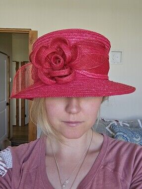 betmar Bright Red Floral Straw Cloche Hat